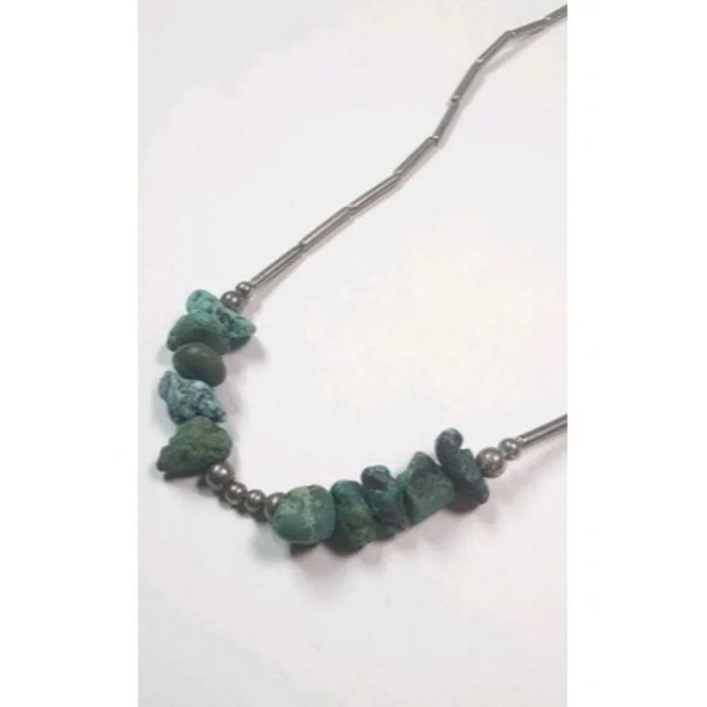 Vintage Native American Indian Liquid silver w/10 turquoise stones‎ necklace 17